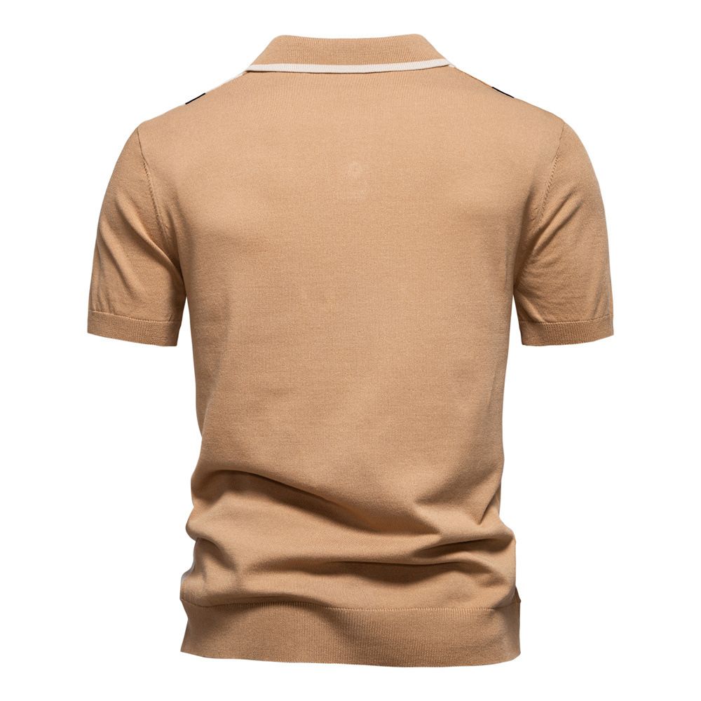 Summer new men's short sleeve T-shirt casual breathable wool striped color matching lapel POLO shirt suitable for daily leisure commuting business wear.