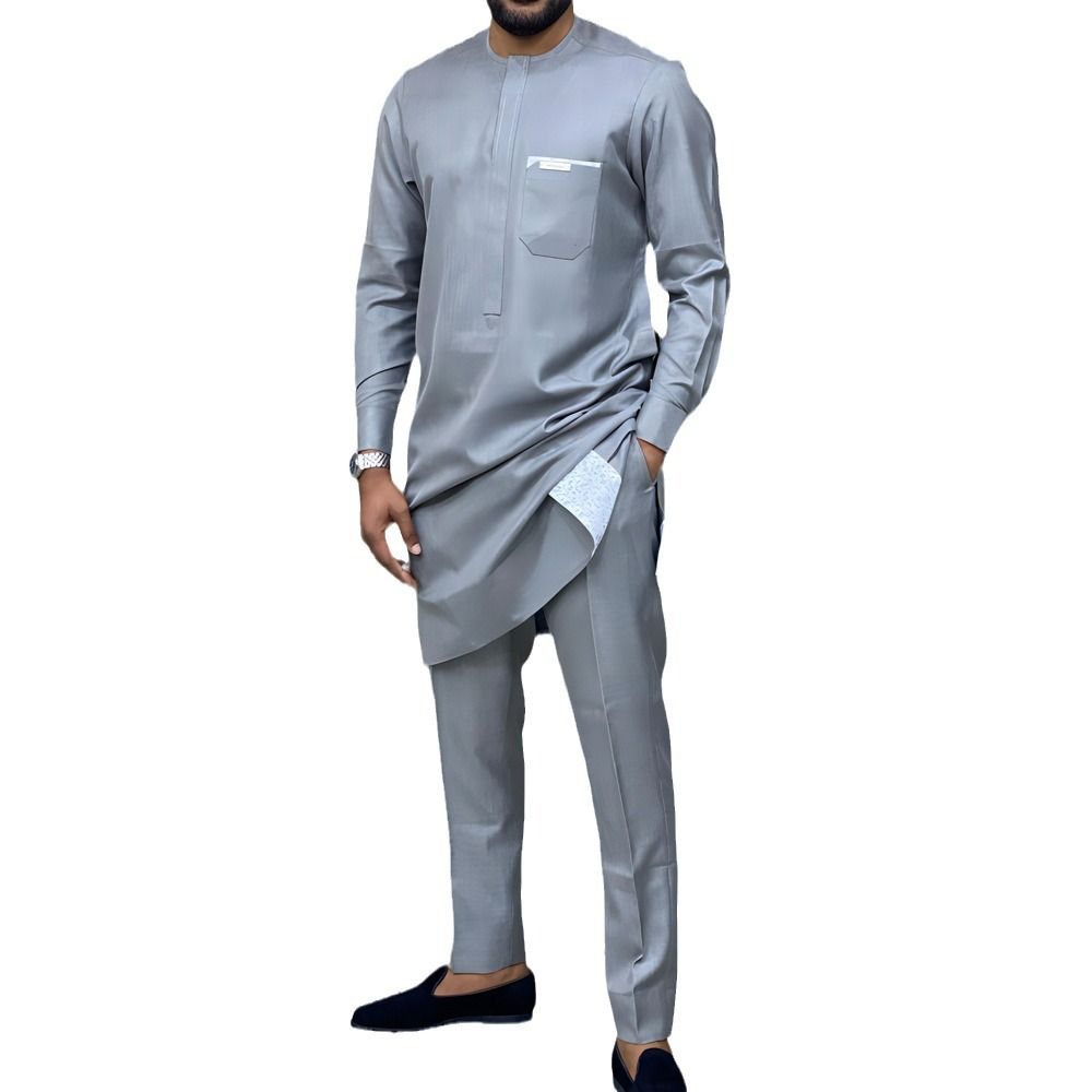 New men's two-piece African folk style long-sleeved round neck shirt trousers suit Two-piece wedding suit is suitable for daily leisure commuting party business wear.