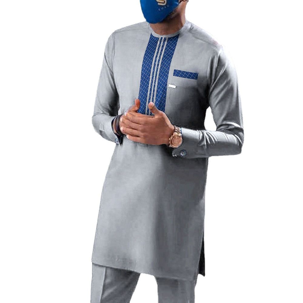 New men's two-piece suit ethnic style long-sleeved round neck color matching shirt trousers slim men's suit is suitable for daily leisure commuting parties.