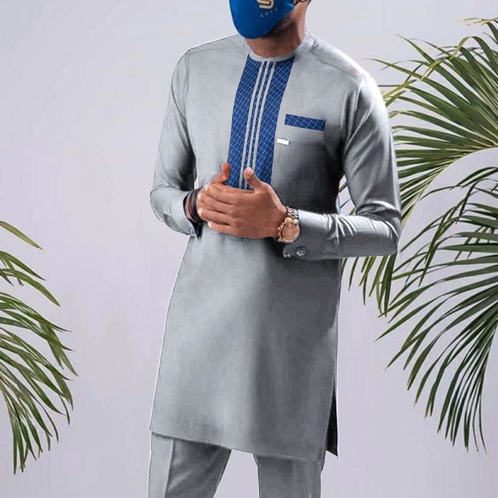New men's two-piece suit ethnic style long-sleeved round neck color matching shirt trousers slim men's suit is suitable for daily leisure commuting parties.