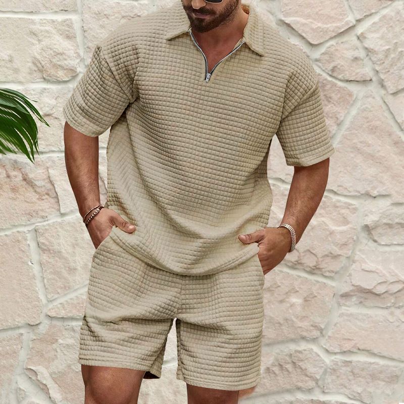 Summer new men's two-piece solid color Waffle comfortable sports suit short sleeve lapel shirt casual shorts suit is suitable for daily leisure commuting business wear.