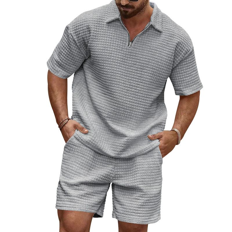 Summer new men's two-piece solid color Waffle comfortable sports suit short sleeve lapel shirt casual shorts suit is suitable for daily leisure commuting business wear.