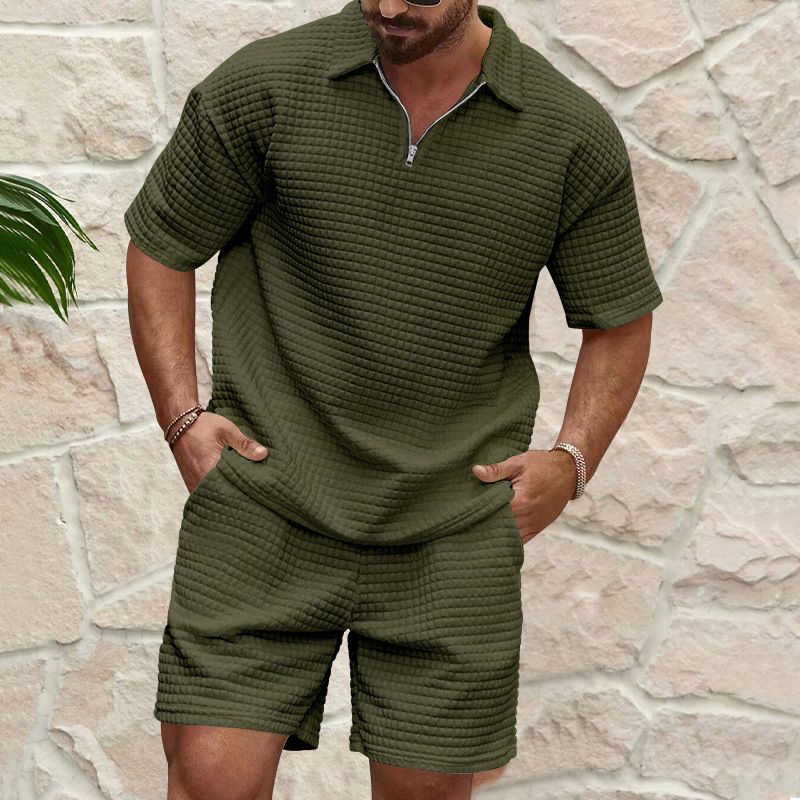 Summer new men's two-piece solid color Waffle comfortable sports suit short sleeve lapel shirt casual shorts suit is suitable for daily leisure commuting business wear.