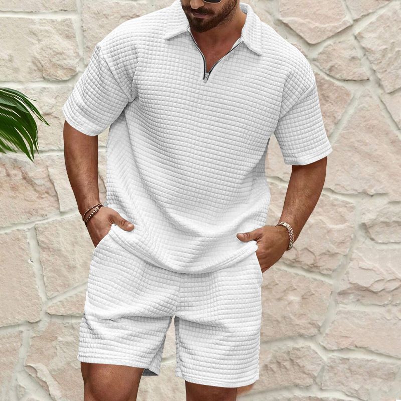 Summer new men's two-piece solid color Waffle comfortable sports suit short sleeve lapel shirt casual shorts suit is suitable for daily leisure commuting business wear.