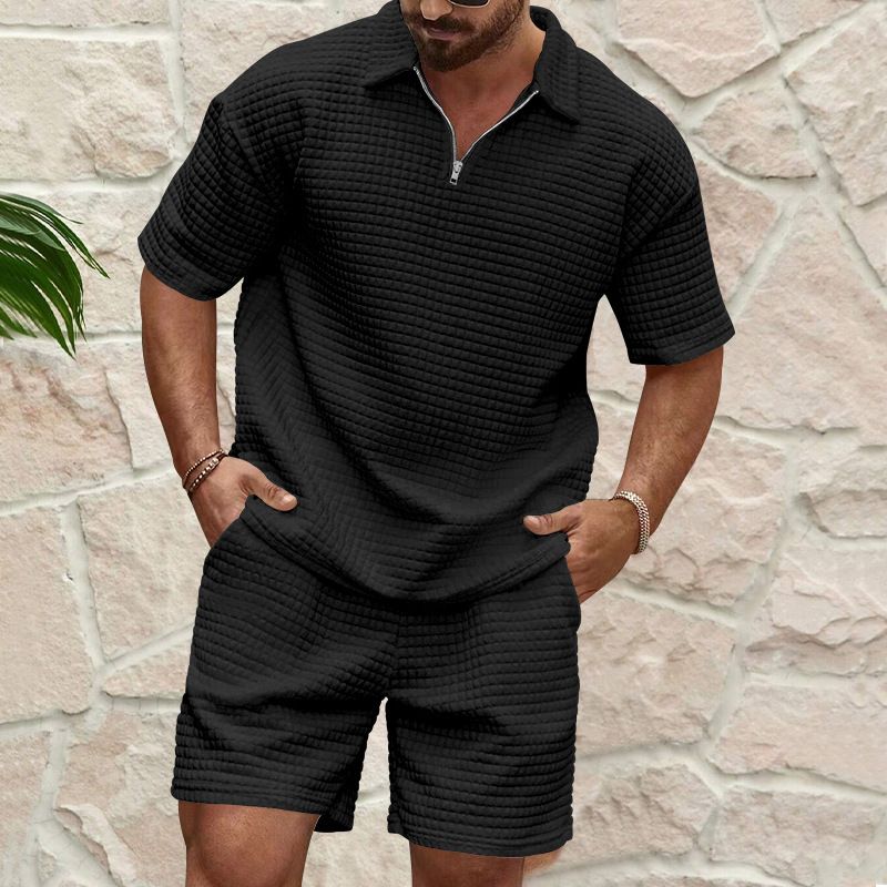 Summer new men's two-piece solid color Waffle comfortable sports suit short sleeve lapel shirt casual shorts suit is suitable for daily leisure commuting business wear.