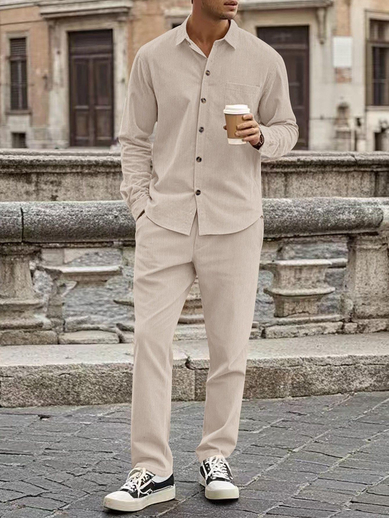 Autumn new men's two-piece solid corduroy comfortable button-down shirt cardigan long-sleeved trousers suit is suitable for daily leisure commuting business wear.