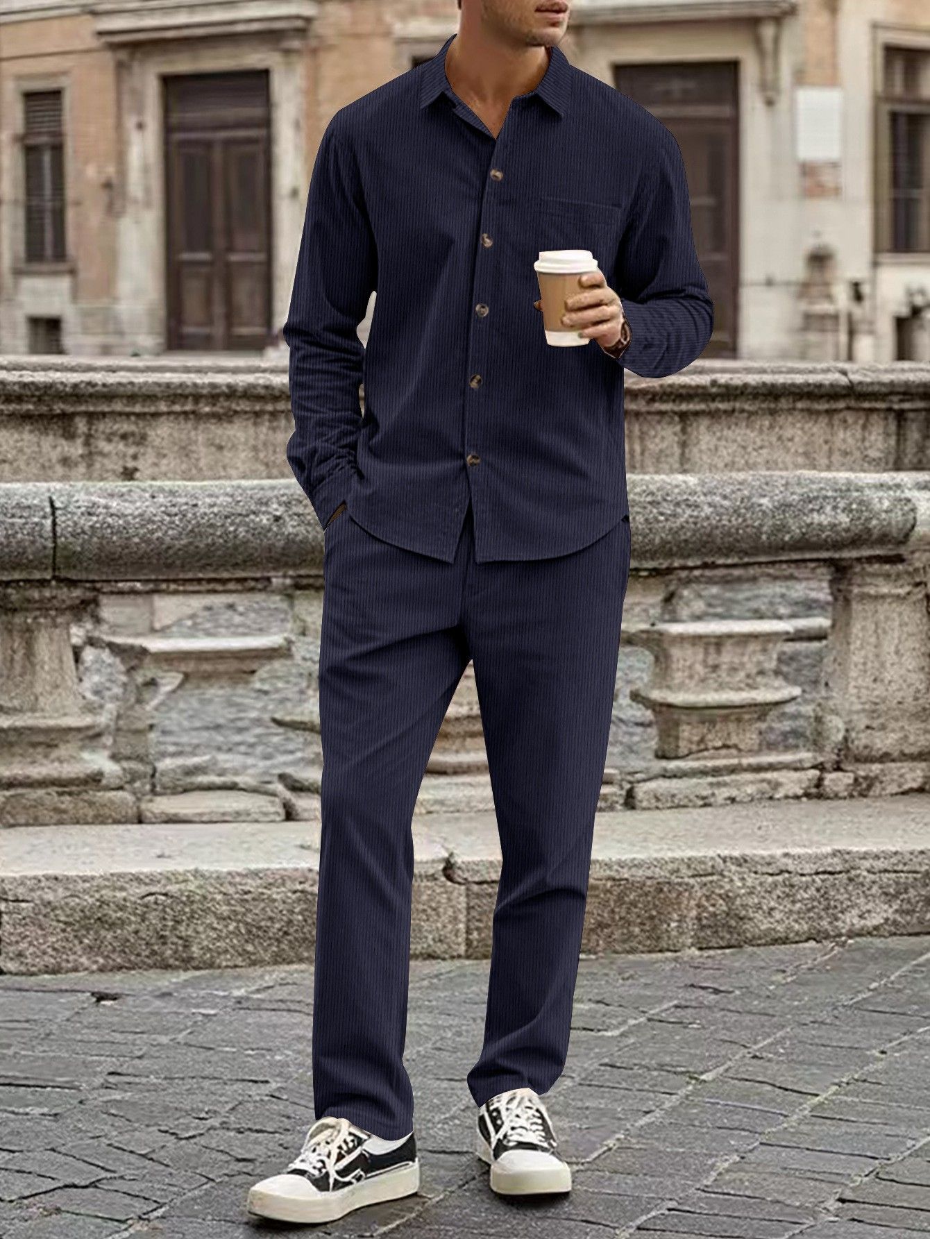 Autumn new men's two-piece solid corduroy comfortable button-down shirt cardigan long-sleeved trousers suit is suitable for daily leisure commuting business wear.