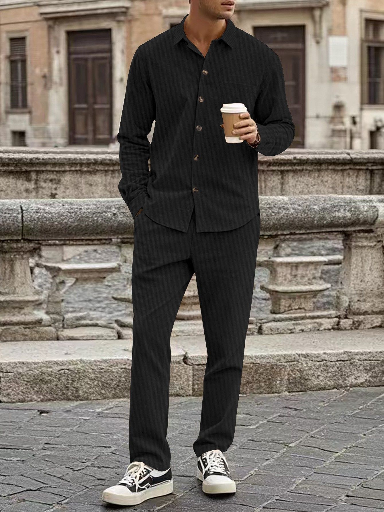Autumn new men's two-piece solid corduroy comfortable button-down shirt cardigan long-sleeved trousers suit is suitable for daily leisure commuting business wear.