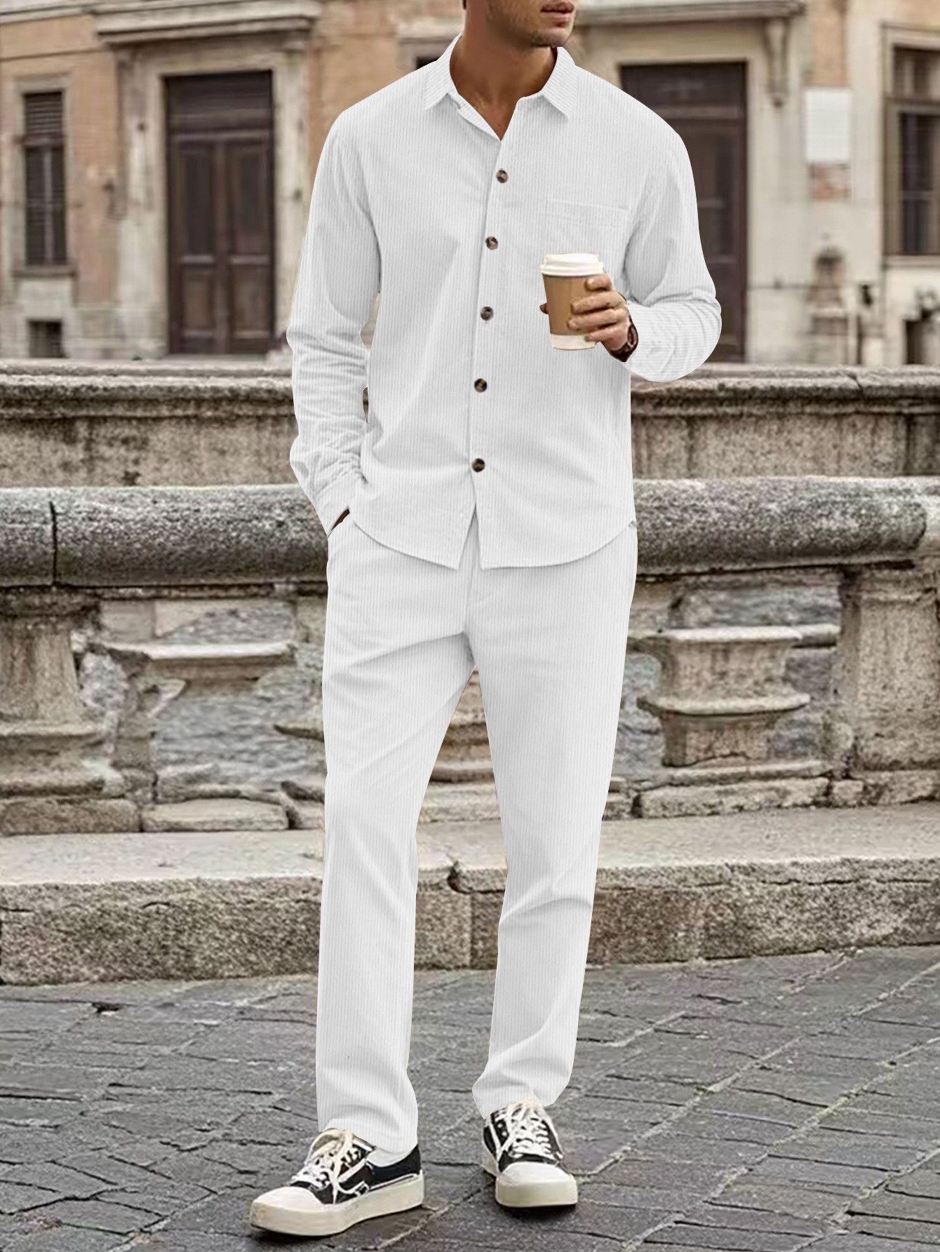 Autumn new men's two-piece solid corduroy comfortable button-down shirt cardigan long-sleeved trousers suit is suitable for daily leisure commuting business wear.