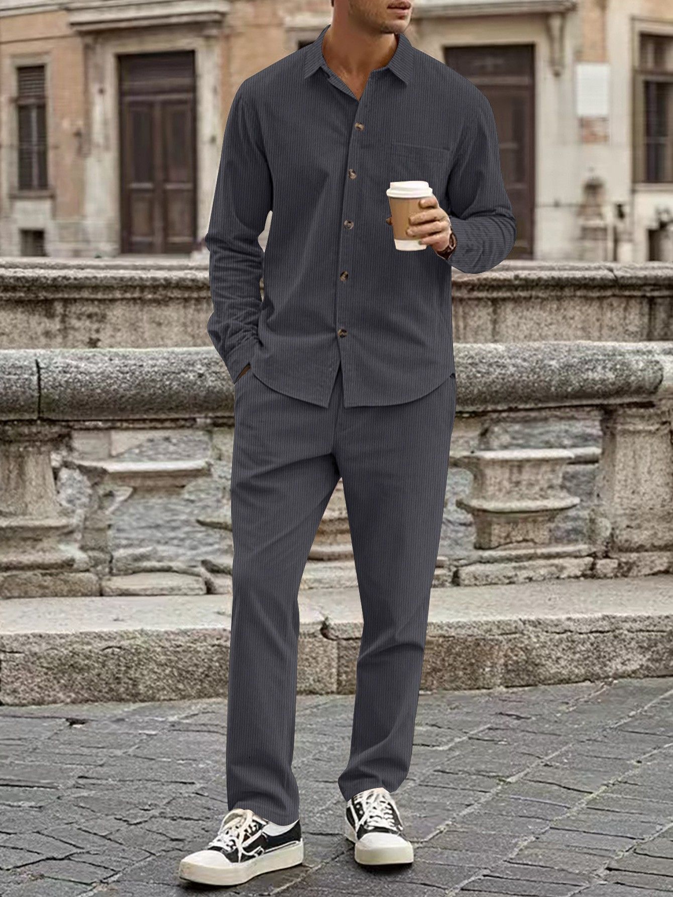 Autumn new men's two-piece solid corduroy comfortable button-down shirt cardigan long-sleeved trousers suit is suitable for daily leisure commuting business wear.