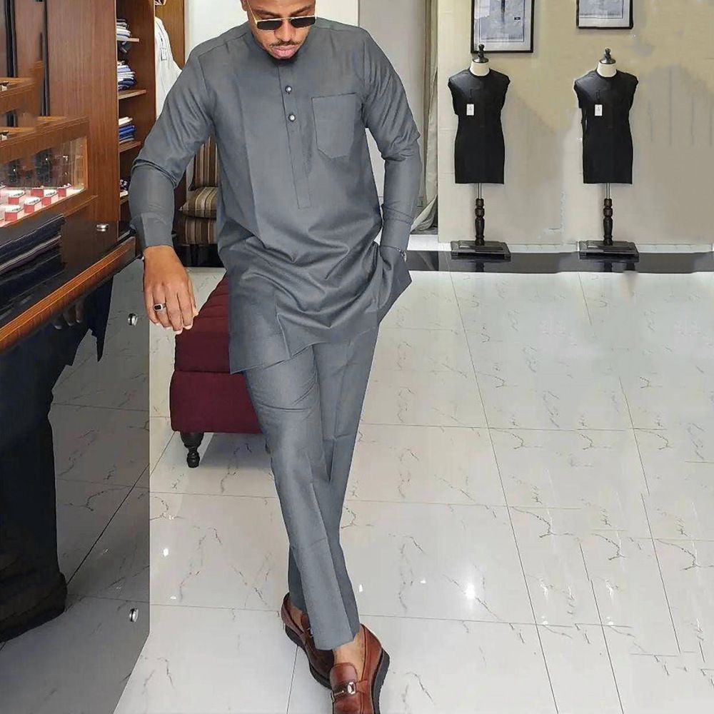 New men's two-piece suit with African folk style, solid color, long-sleeved round neck shirt and trousers, men's suit is suitable for daily leisure and commuting business wear.