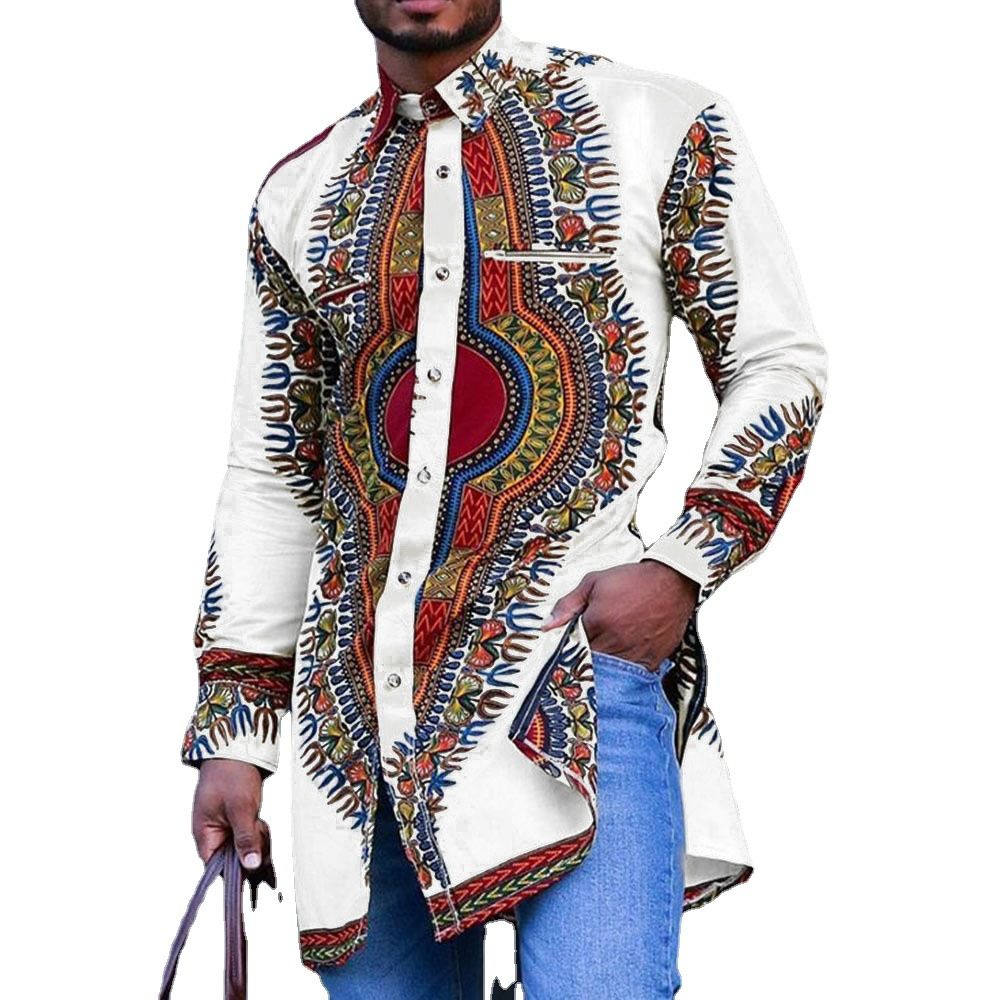 New men's long-sleeved shirts with African ethnic style printed lapels and long-length shirts are suitable for daily leisure commuting banquets.