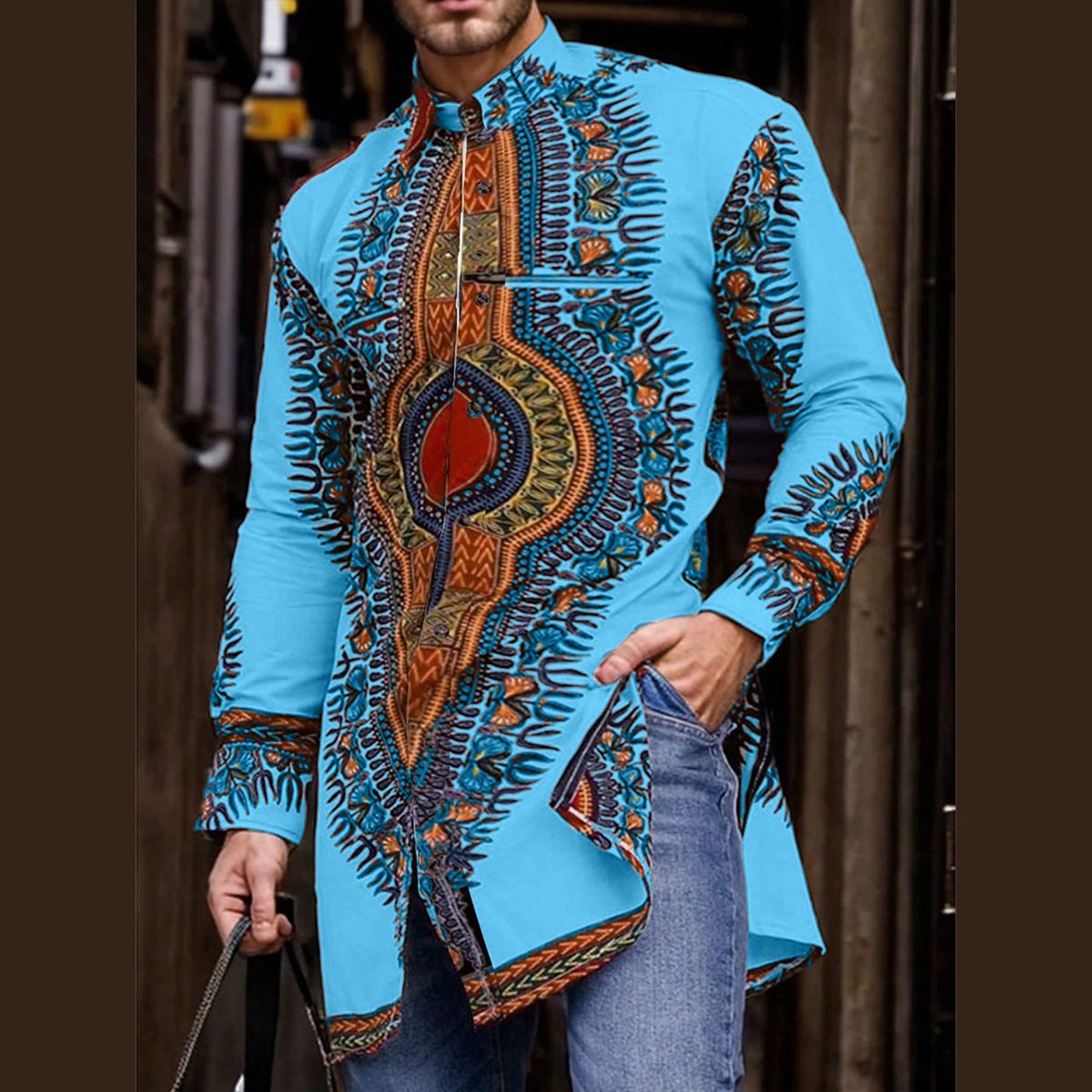 New men's long-sleeved shirts with African ethnic style printed lapels and long-length shirts are suitable for daily leisure commuting banquets.