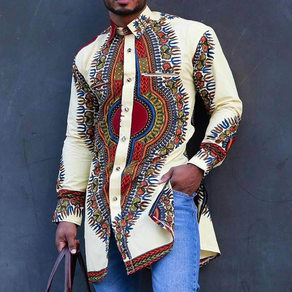 New men's long-sleeved shirts with African ethnic style printed lapels and long-length shirts are suitable for daily leisure commuting banquets.
