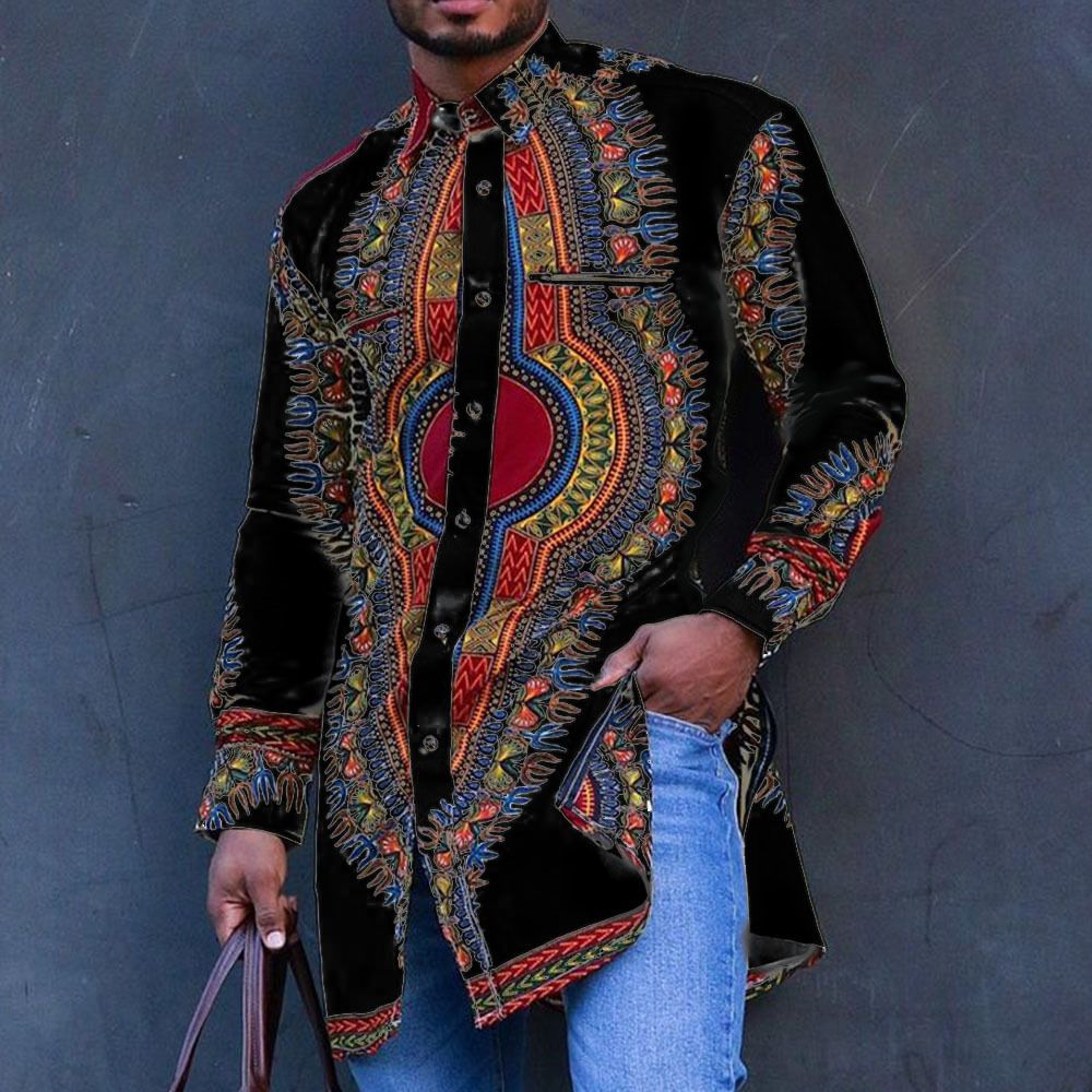 New men's long-sleeved shirts with African ethnic style printed lapels and long-length shirts are suitable for daily leisure commuting banquets.