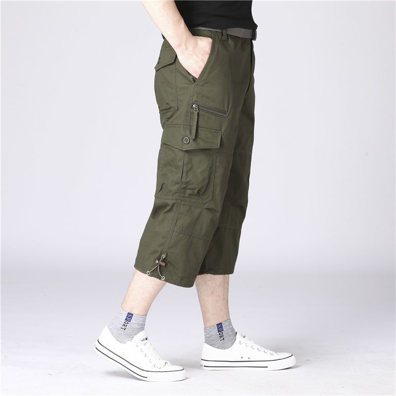 Summer new men's cropped trousers pocket straight outdoor multi-pocket overalls men's casual pants suitable for daily leisure commuting outdoor sports wear.
