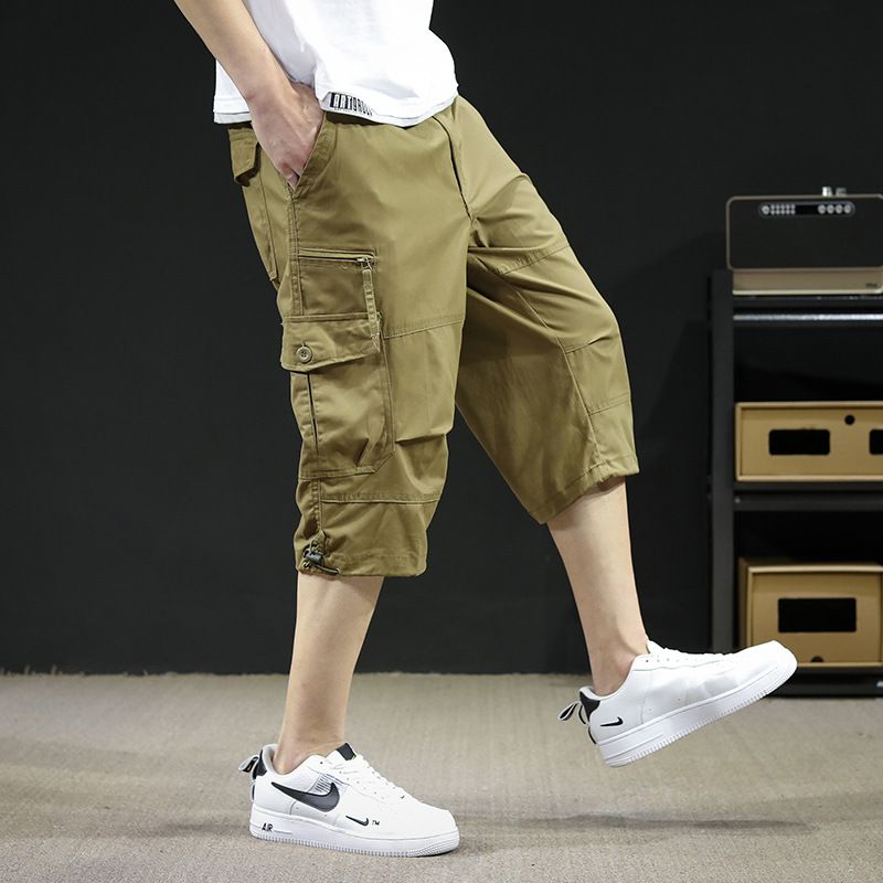 Summer new men's cropped trousers pocket straight outdoor multi-pocket overalls men's casual pants suitable for daily leisure commuting outdoor sports wear.