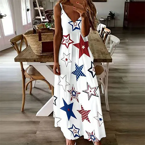 Women's Fashion V-Neck Spaghetti Strap Maxi Dress Star Print Sleeveless Casual Long Dress for 4th of July Beach Vacation 
Plus Size