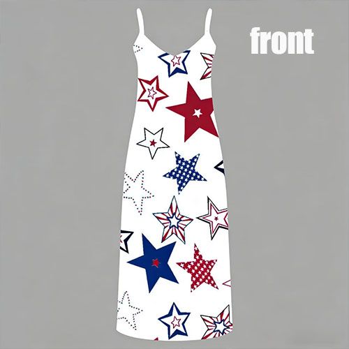 Women's Fashion V-Neck Spaghetti Strap Maxi Dress Star Print Sleeveless Casual Long Dress for 4th of July Beach Vacation 
Plus Size