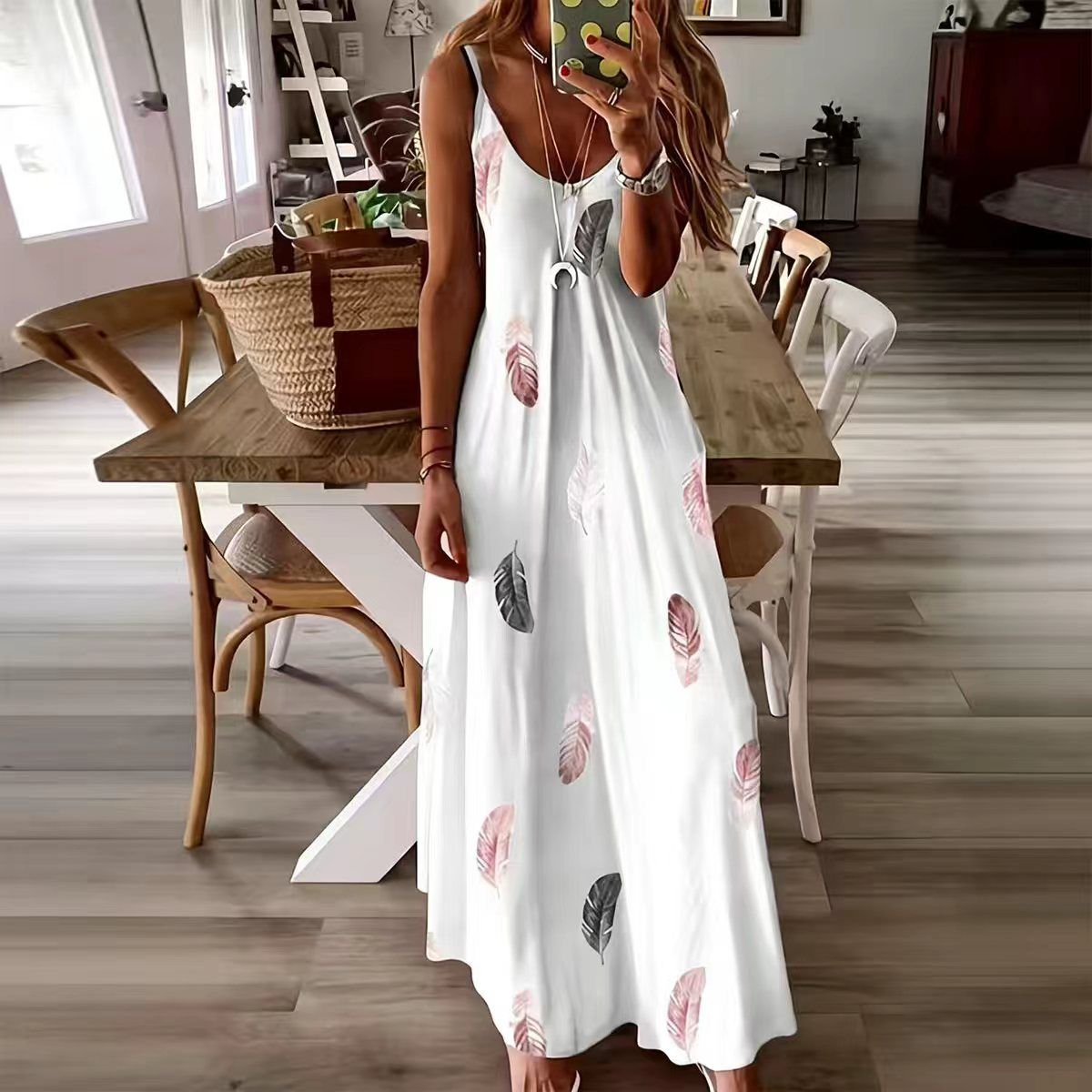 New Women Fashion Bohemian Feather Print Spaghetti Strap Maxi Dress for Women Summer V-Neck Casual Long Dresses