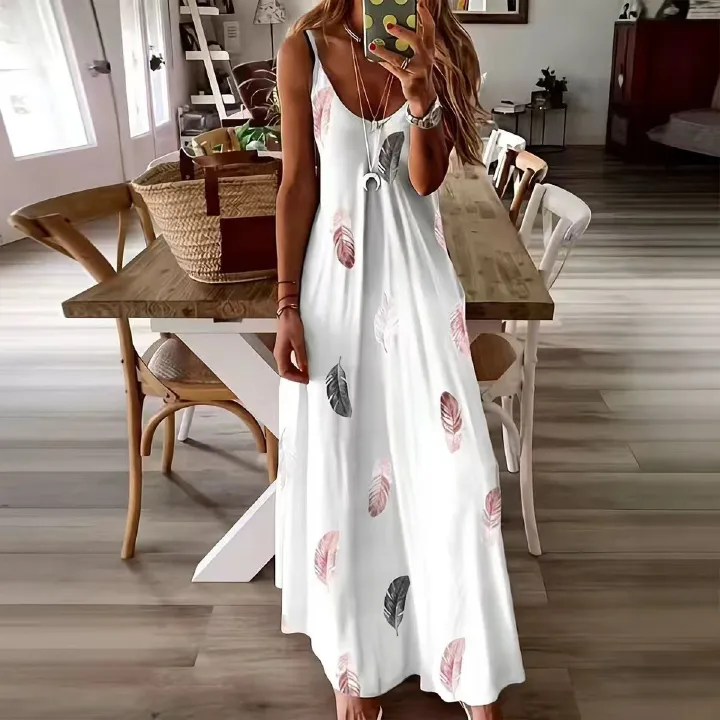 New Women Fashion Bohemian Feather Print Spaghetti Strap Maxi Dress for Women Summer V-Neck Casual Long Dresses