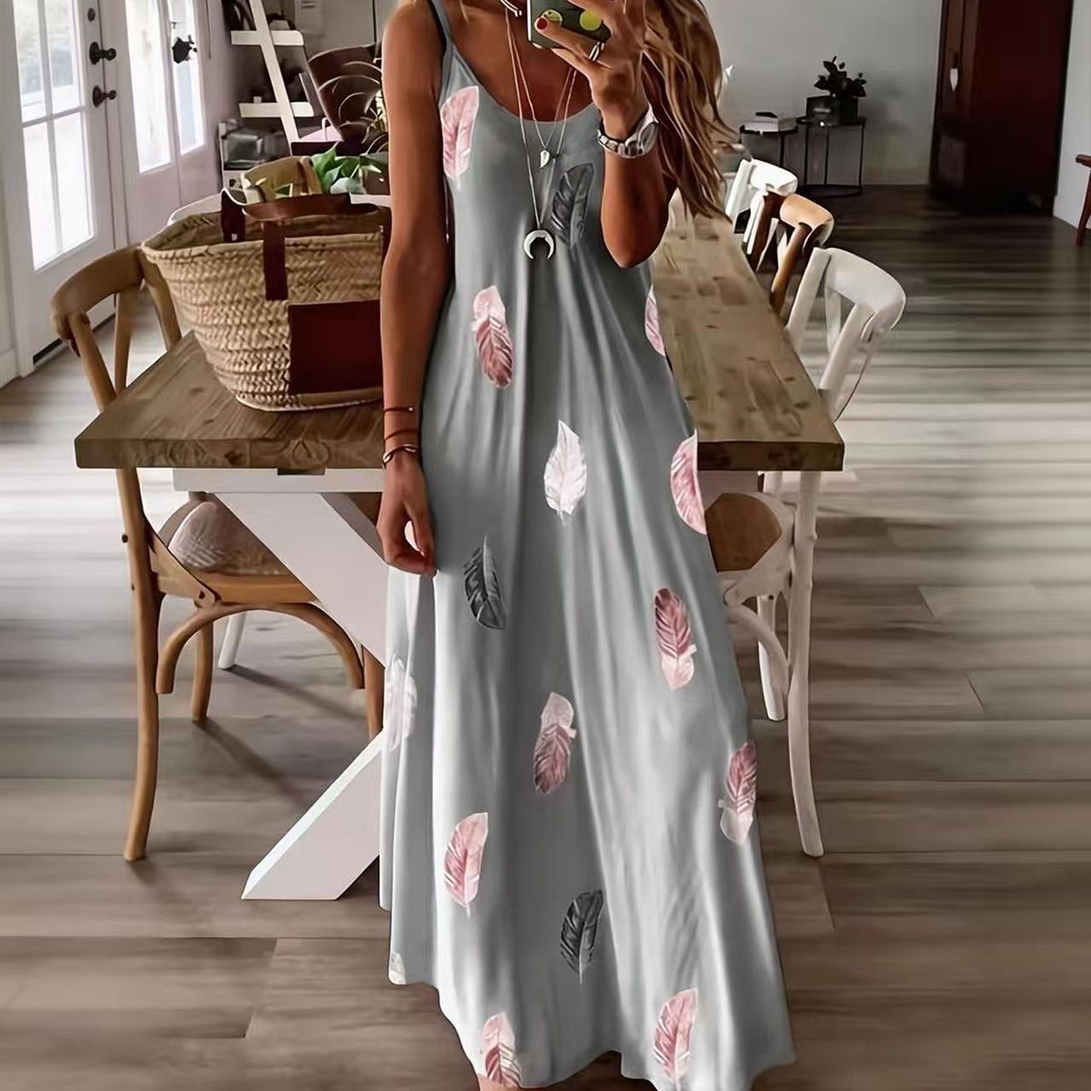 New Women Fashion Bohemian Feather Print Spaghetti Strap Maxi Dress for Women Summer V-Neck Casual Long Dresses