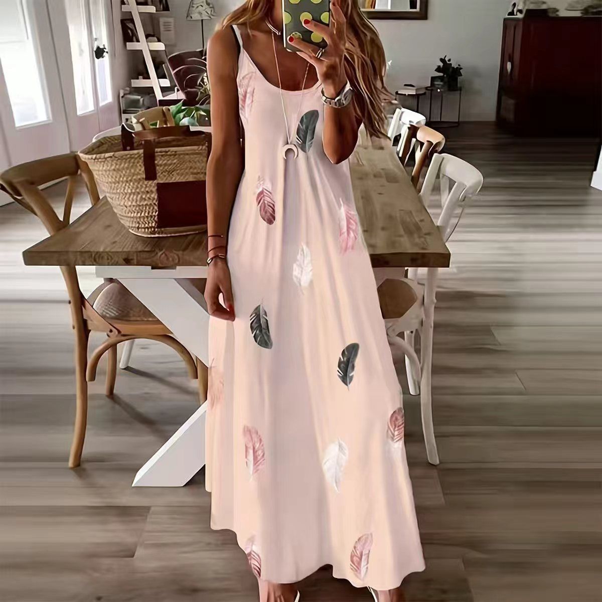 New Women Fashion Bohemian Feather Print Spaghetti Strap Maxi Dress for Women Summer V-Neck Casual Long Dresses