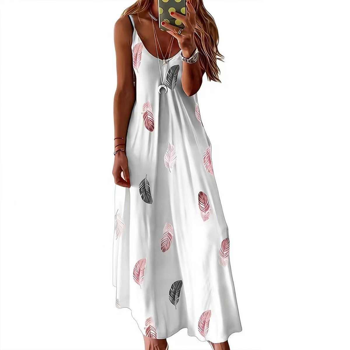 New Women Fashion Bohemian Feather Print Spaghetti Strap Maxi Dress for Women Summer V-Neck Casual Long Dresses