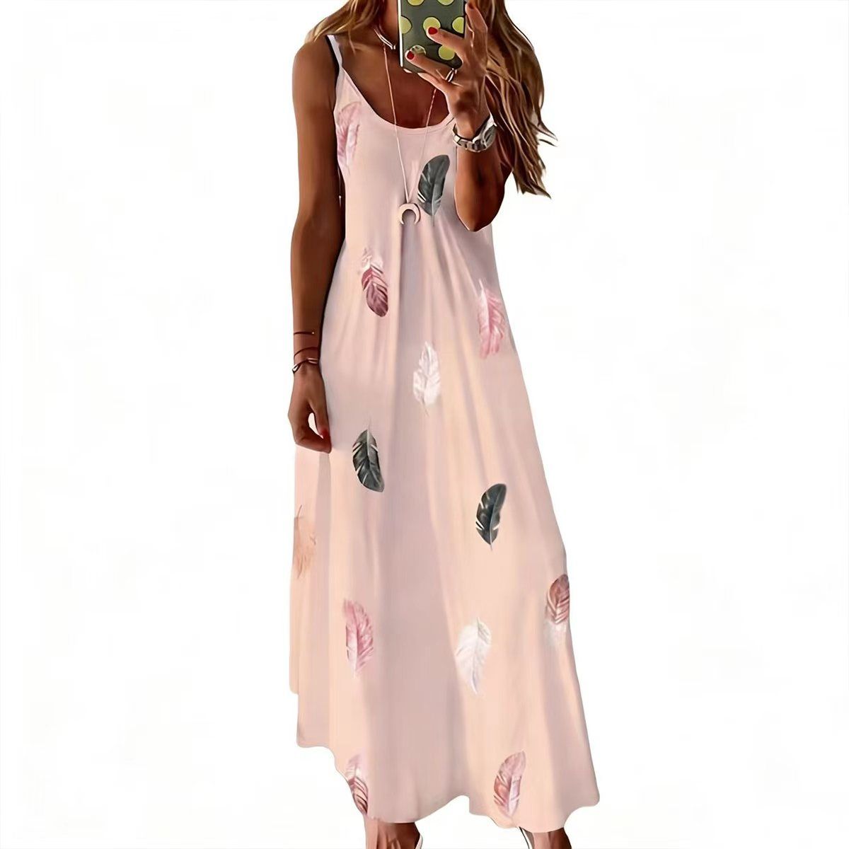 New Women Fashion Bohemian Feather Print Spaghetti Strap Maxi Dress for Women Summer V-Neck Casual Long Dresses