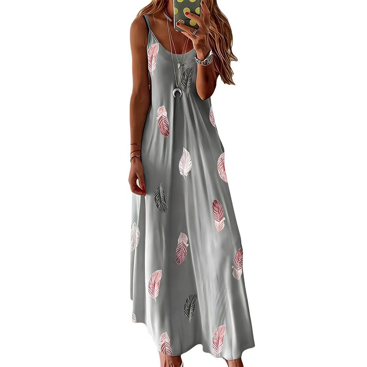 New Women Fashion Bohemian Feather Print Spaghetti Strap Maxi Dress for Women Summer V-Neck Casual Long Dresses