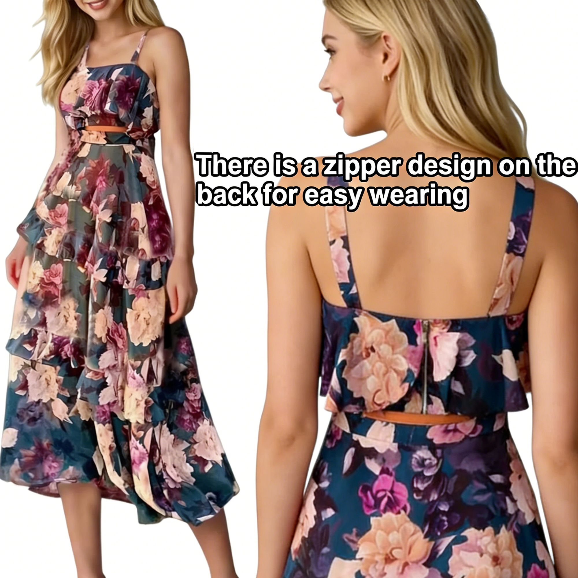 Elegant printed layered ruffle dress – a halter-neck, midi dress perfect for parties and vacations. Two-piece set.