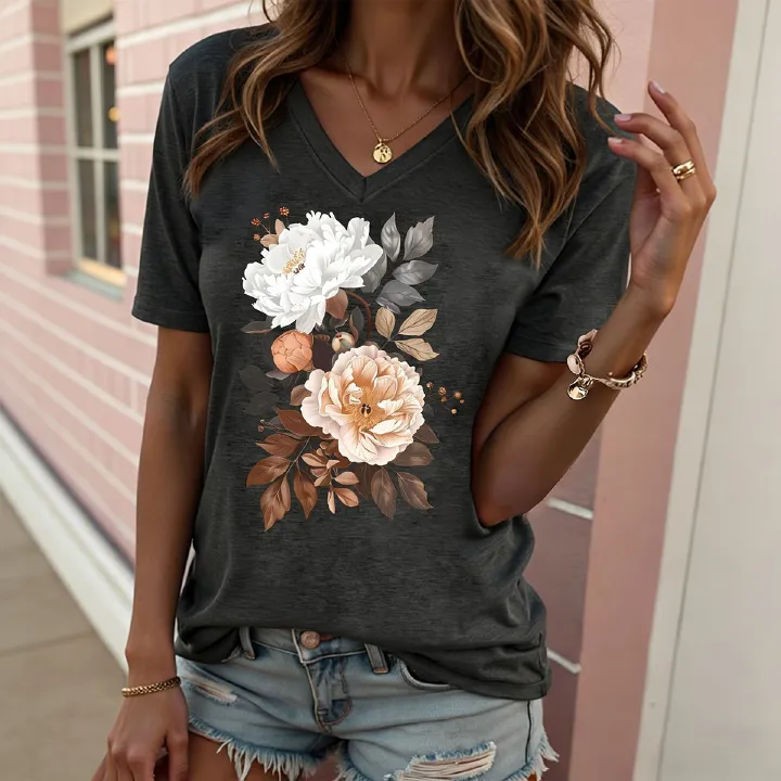 Women's Peony Floral Print V Neck T Shirt Casual Loose Short Sleeve Summer Tops for Women