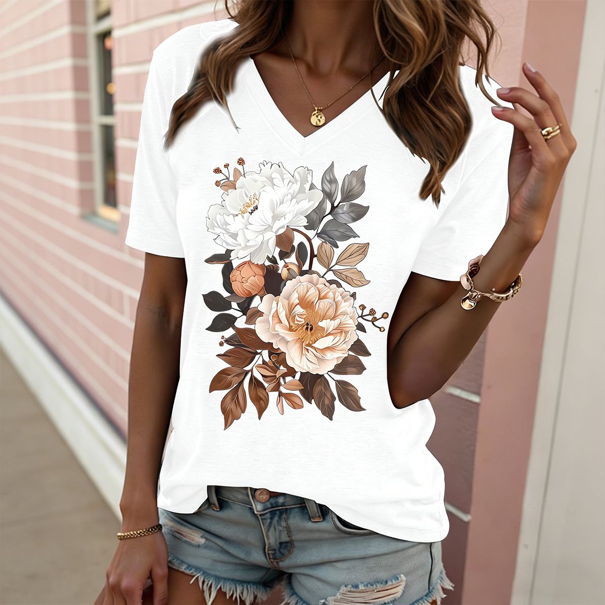 Women's Peony Floral Print V Neck T Shirt Casual Loose Short Sleeve Summer Tops for Women