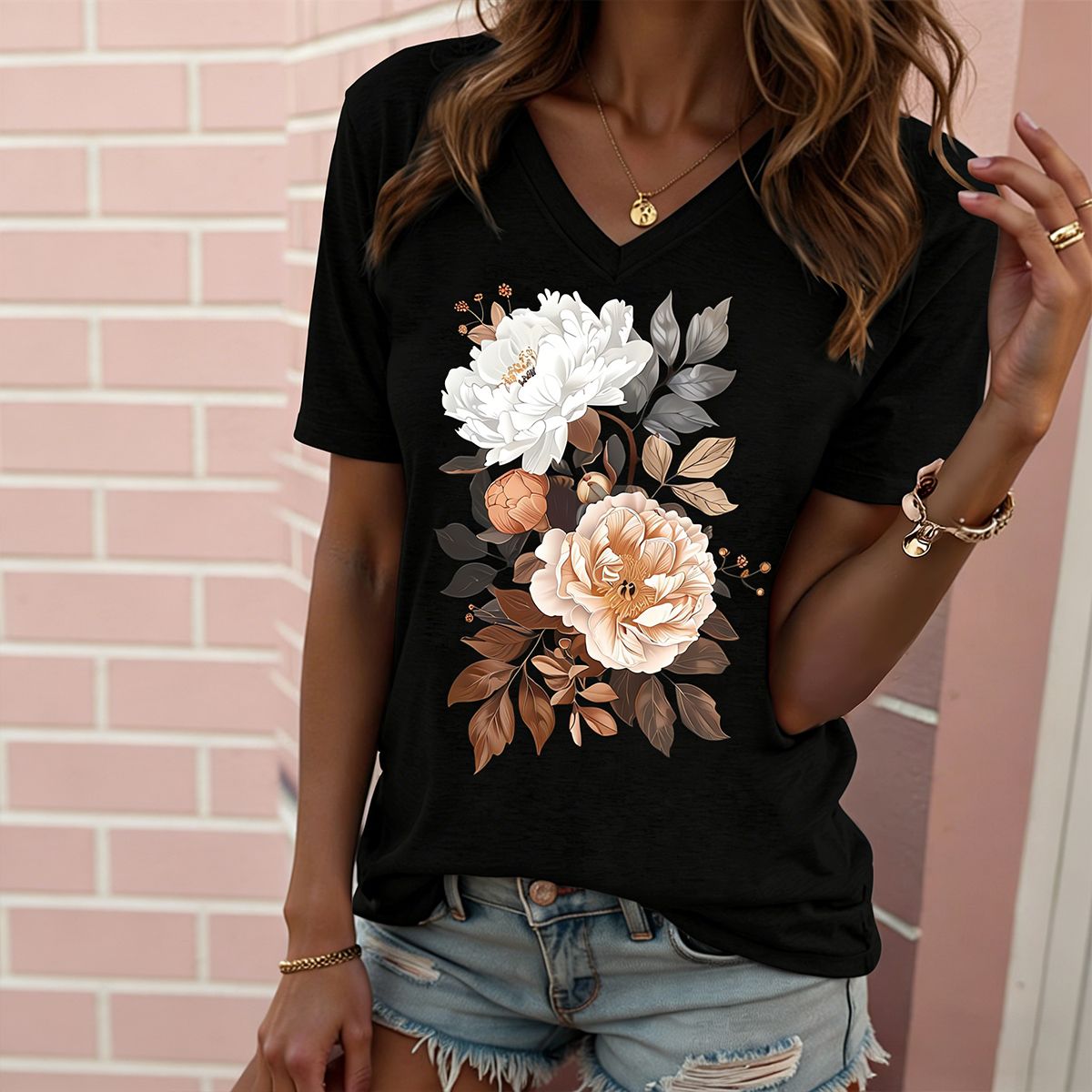 Women's Peony Floral Print V Neck T Shirt Casual Loose Short Sleeve Summer Tops for Women