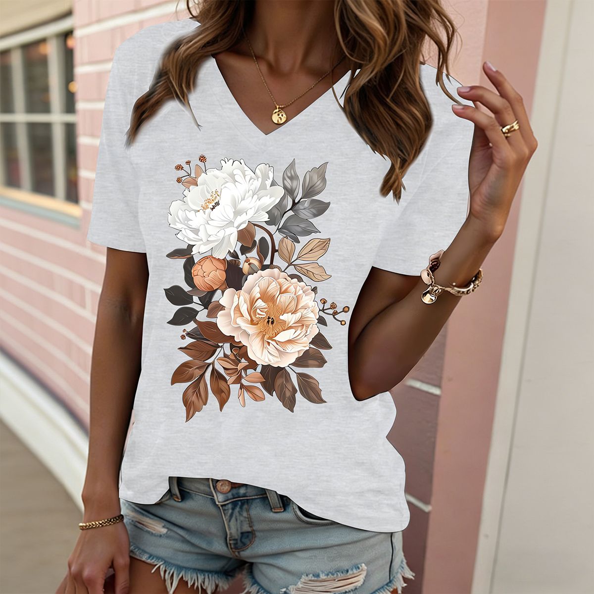 Women's Peony Floral Print V Neck T Shirt Casual Loose Short Sleeve Summer Tops for Women