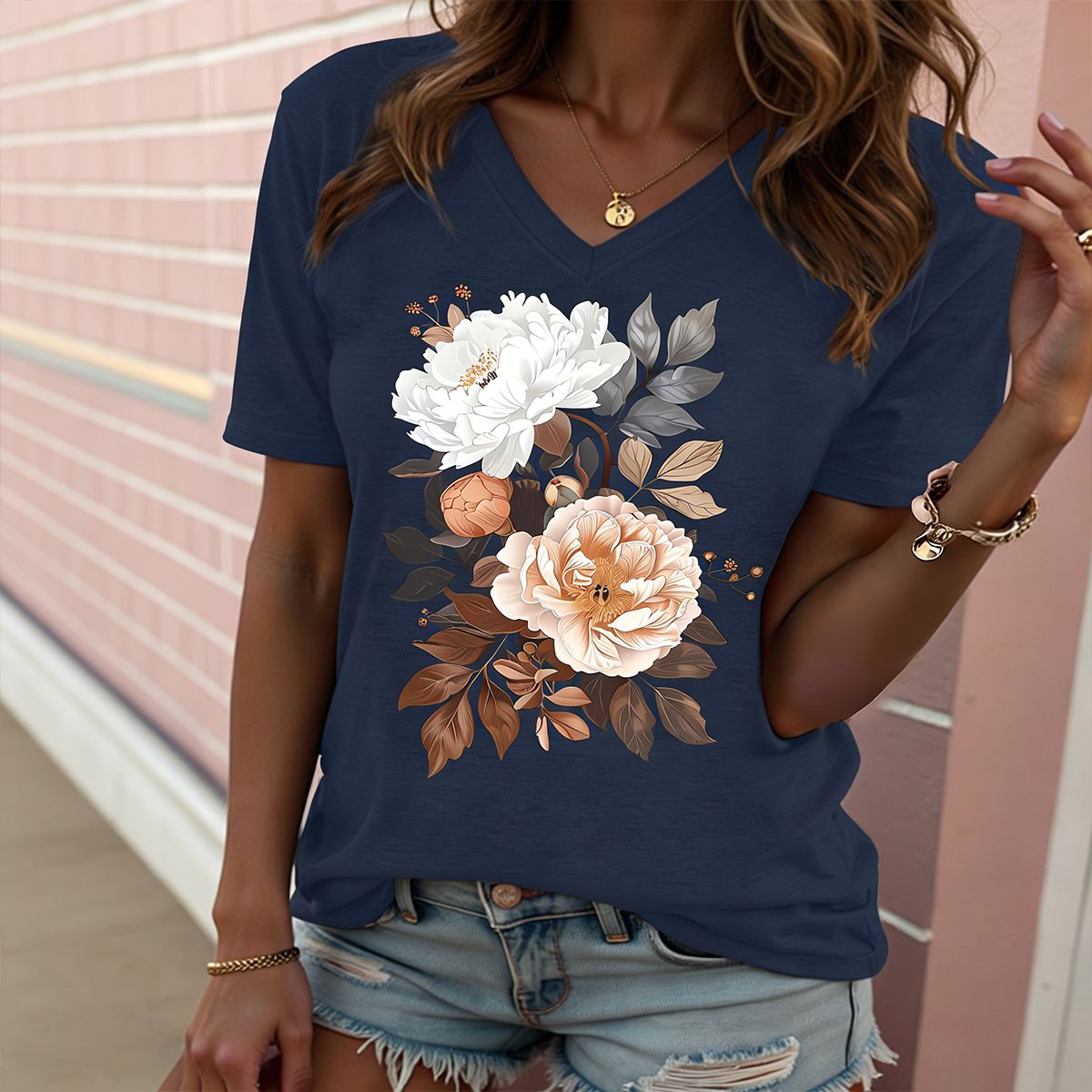 Women's Peony Floral Print V Neck T Shirt Casual Loose Short Sleeve Summer Tops for Women