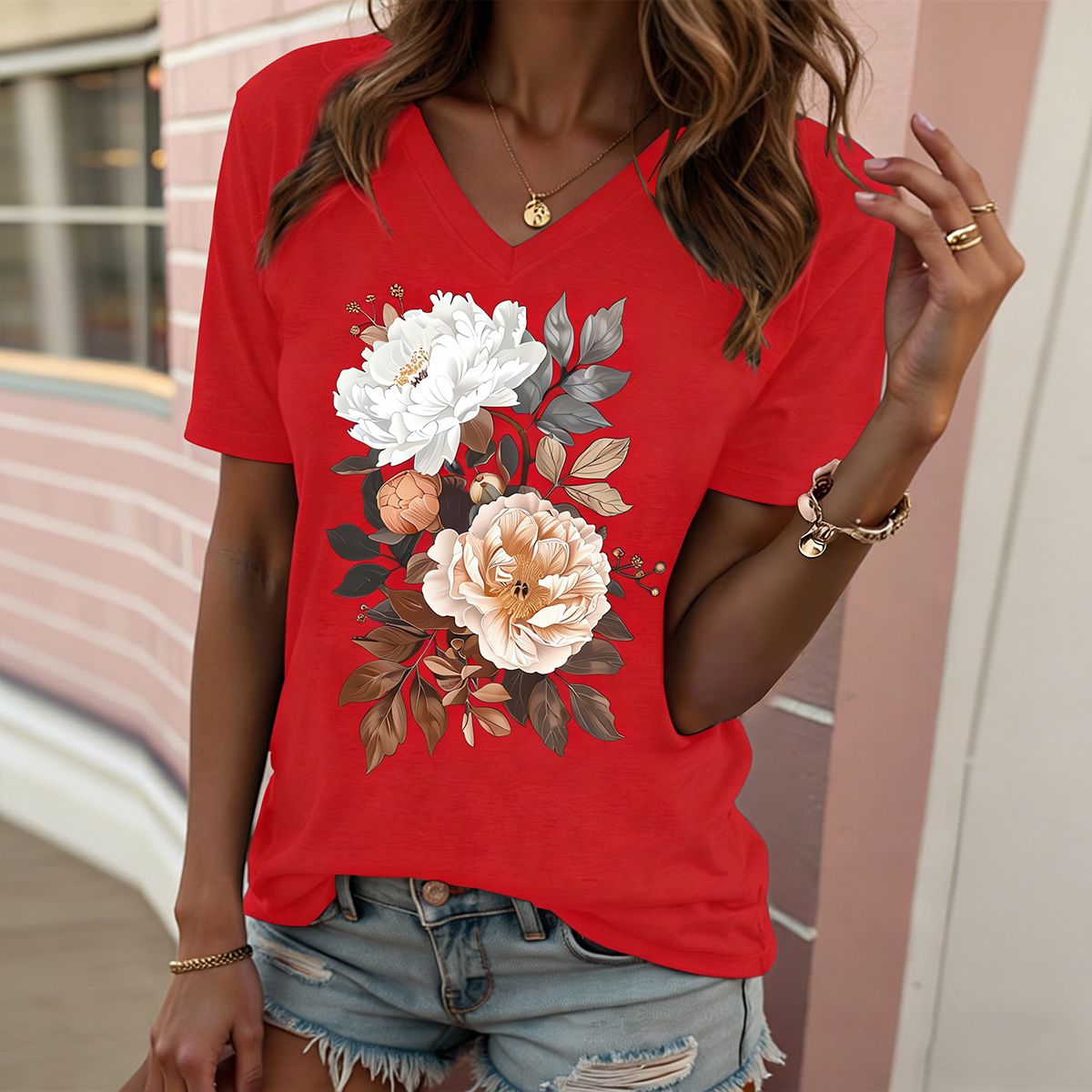 Women's Peony Floral Print V Neck T Shirt Casual Loose Short Sleeve Summer Tops for Women