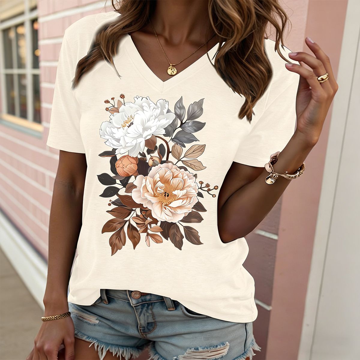 Women's Peony Floral Print V Neck T Shirt Casual Loose Short Sleeve Summer Tops for Women