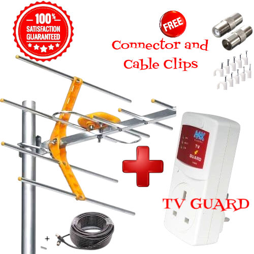 Original TV Aerial Antenna + TV Guard Voltage Protector Bundle for Television Digital Signal Receiver Indoor Outdoor Antenna + FREE Cable Clips + FREE Connectors