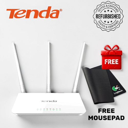 (+FREE Mousepad) Refurbished Tenda F3 N300 300Mbps WiFi router with 3 high-gain antennas for strong long-range internet coverage. Reliable home router