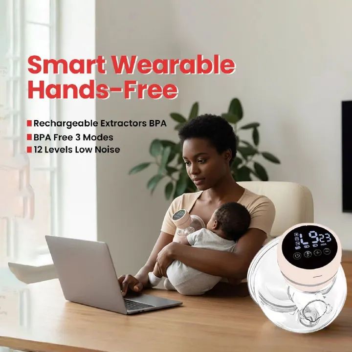 Rechargeable portable smart wearable electric breast pump with strong suction, silent motor and rechargeable battery. Hands-free invisible breast milk extractor for mothers.