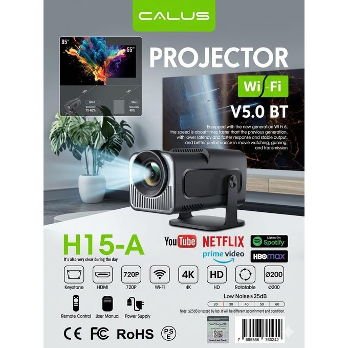 ORIGINAL Calus H15 A Mini Projector Android 11 WiFi Bluetooth 720P Native 1080P Supported 180 Degree Rotation Portable Home Cinema Projector Netflix YouTube Streaming Kenya Compact Smart Projector