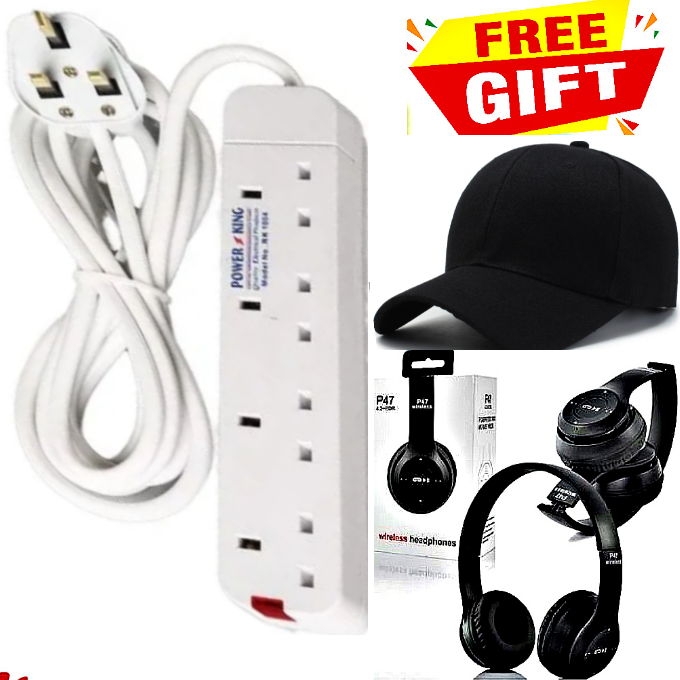 POWER KING 4 WAY // 4WAY ELECTRIC POWER SUPPLY EXTENSION // EXTENTION With Long Cable Socket + FREE P47 BLUETOOTH WIRELESS HEADPHONES & ADJUSTABLE CAP