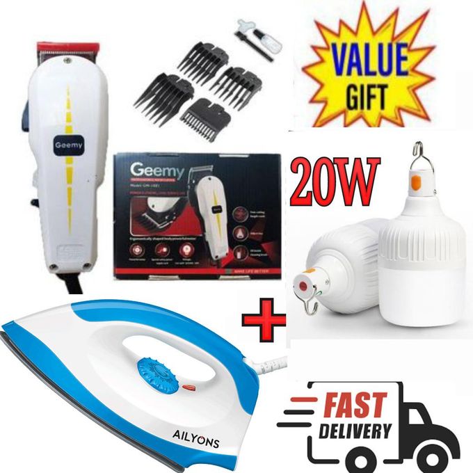 Geemy SHAVING MACHINE-KINYOZI +DRY IRON BOX+ FREE 20W RECHARGEABLE BULB