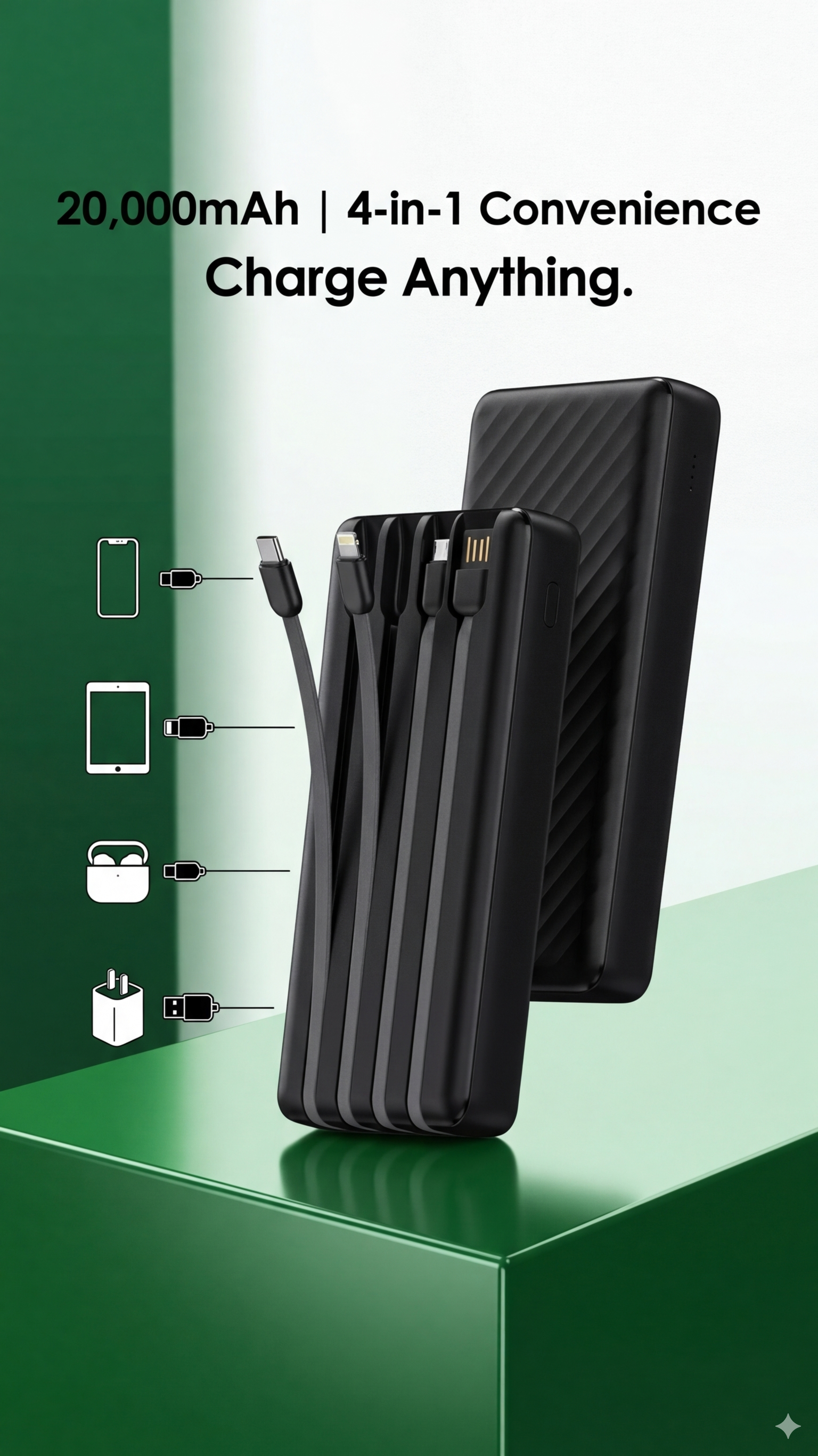 The Ultimate All-in-One: oraimo Traveler Link 20 | 20,000mAh Power Bank with 4 Built-in Cables-Black