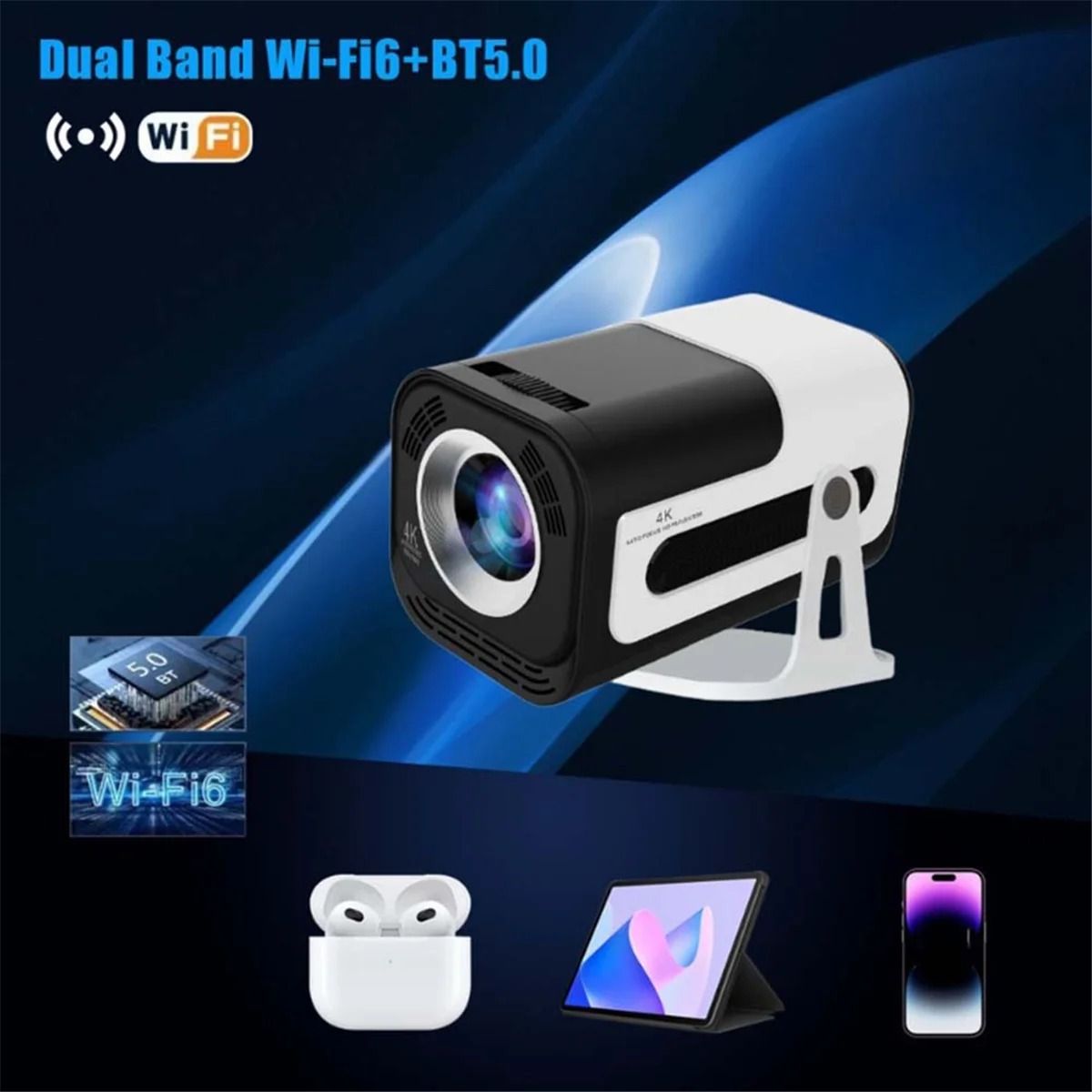 【Bantu Box】 Retail! JY320 Mini Projector 720P Android 13 4K Support, 180 ANSI, WiFi 6, BT 5.0, Cinema 180° Rotable Video Projection EU PLUG