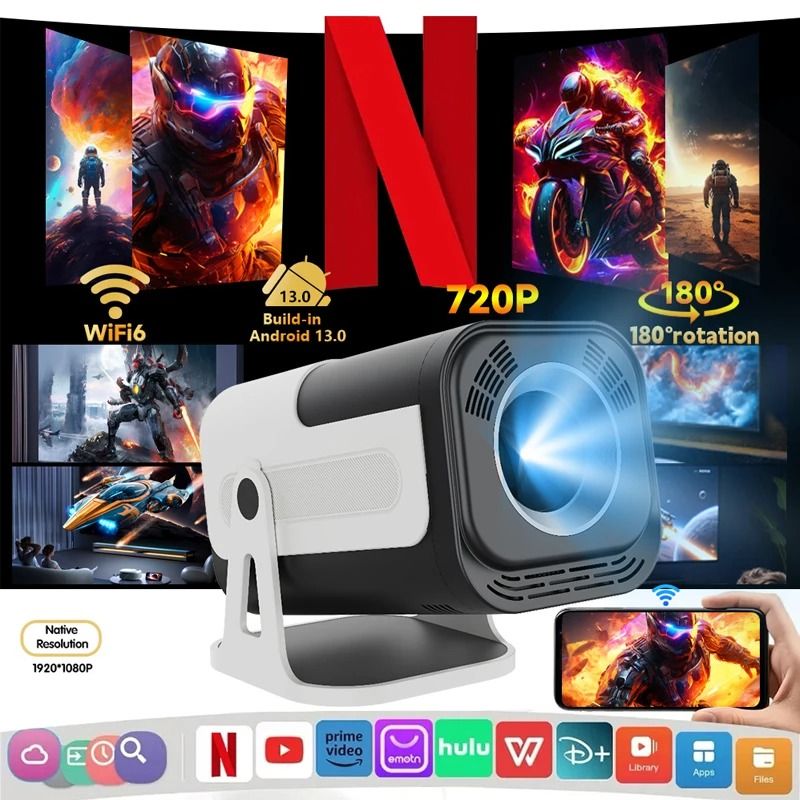 【Bantu Box】 Retail! JY320 Mini Projector 720P Android 13 4K Support, 180 ANSI, WiFi 6, BT 5.0, Cinema 180° Rotable Video Projection EU PLUG