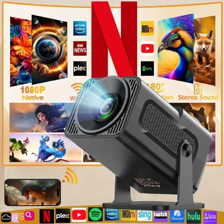 【Bantu Box】 Retail! JY320 Mini Projector 720P Android 13 4K Support, 180 ANSI, WiFi 6, BT 5.0, Cinema 180° Rotable Video Projection EU PLUG