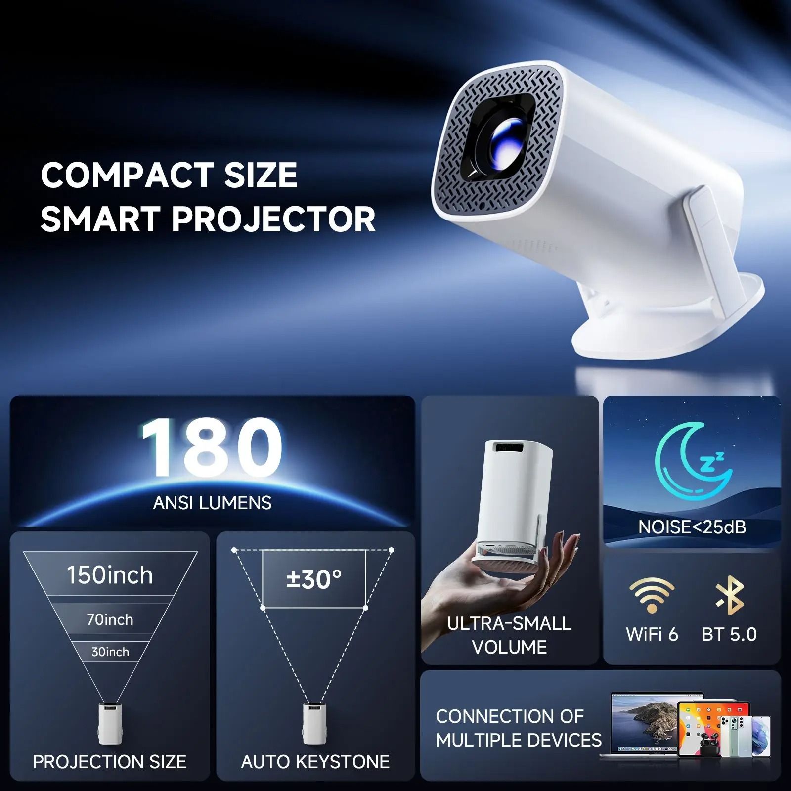 【Bantu Box】P30 PRO Smart Mini Projector Android 14 WiFi6 BT 5.0 Supports 4K 1280 * 720P Video Smart Home Theater Outdoor Portable Projector