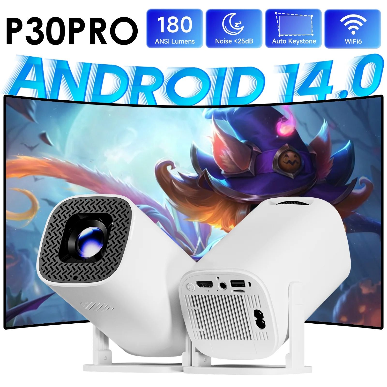 【Bantu Box】P30 PRO Smart Mini Projector Android 14 WiFi6 BT 5.0 Supports 4K 1280 * 720P Video Smart Home Theater Outdoor Portable Projector